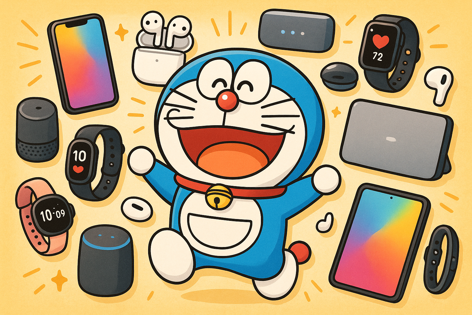 image has many smart gadget and our cute doraemon